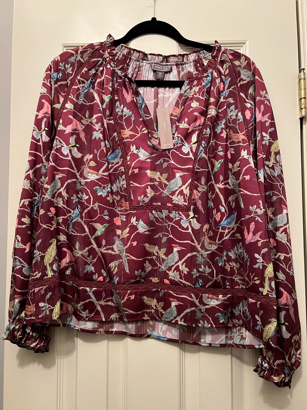 J Crew Point Sur Bird Print Peasant Blouse - Burgundy Size M